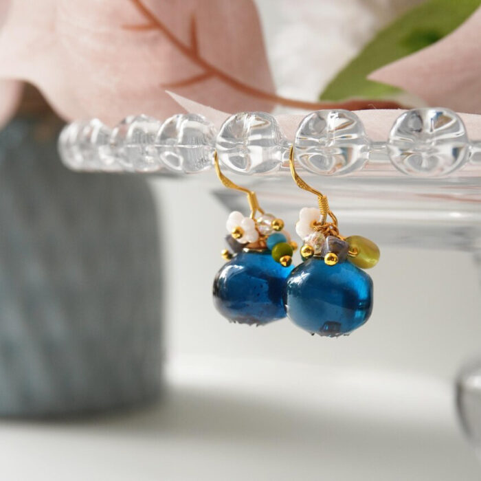 Handmade One Blueberry Drop Earrings | Resin & Czech Beads Fruit Jewelry - Image 6