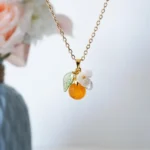 Czech Glass One Orang Necklace: White Flower, Titanium Steel Chain