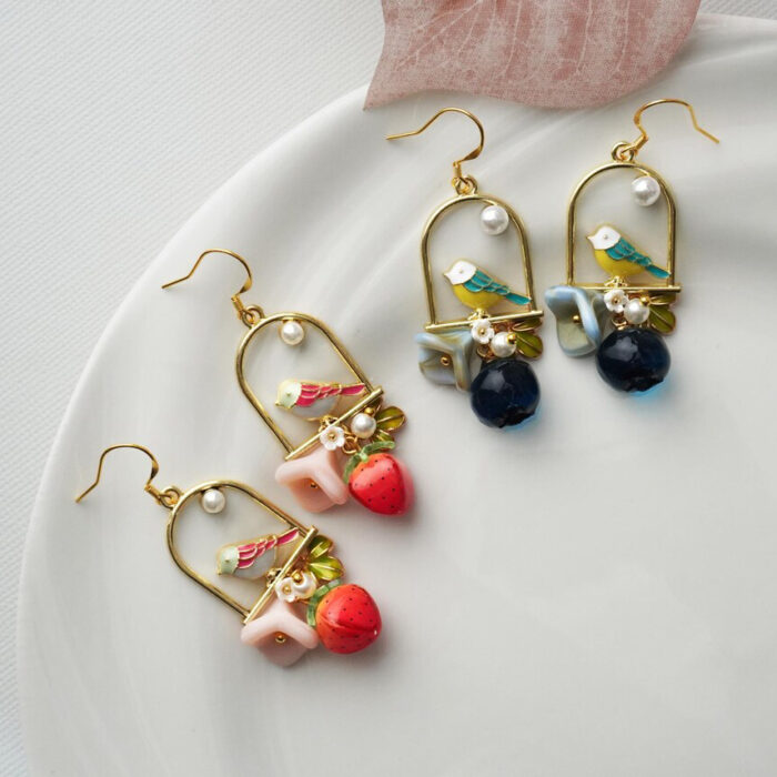 Resin Pearl Birdcage Bird & Berry Earrings: Sterling Silver Hook - Image 6