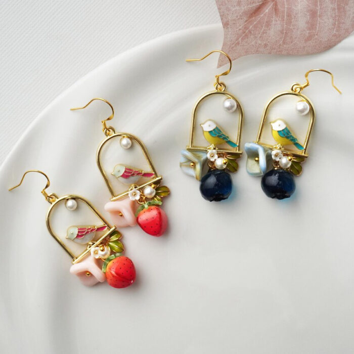 Resin Pearl Birdcage Bird & Berry Earrings: Sterling Silver Hook - Image 7