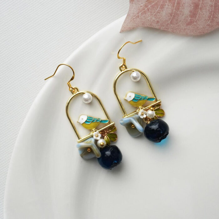 Resin Pearl Birdcage Bird & Berry Earrings: Sterling Silver Hook - Image 5