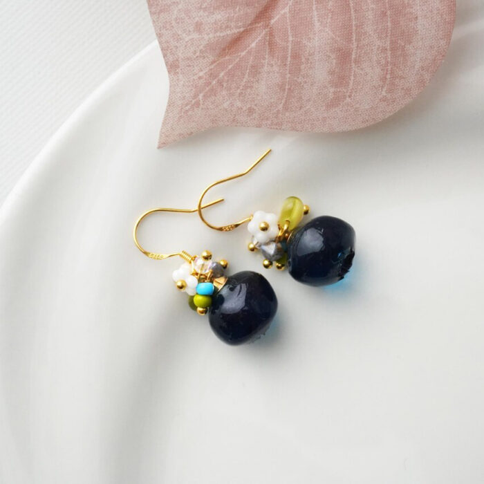 Handmade One Blueberry Drop Earrings | Resin & Czech Beads Fruit Jewelry - Image 3