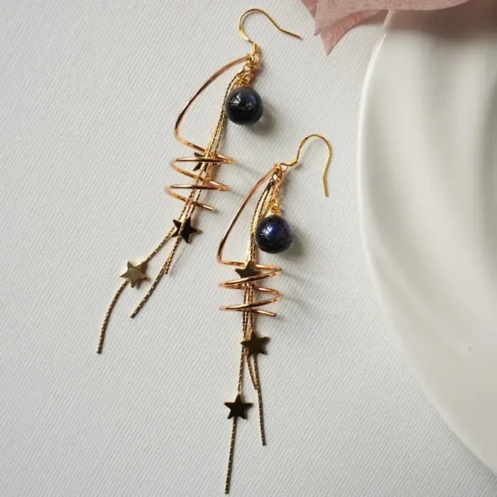 Handmade Resin Planet Earrings with Spiral Metal Ring & Star Chains - Image 4