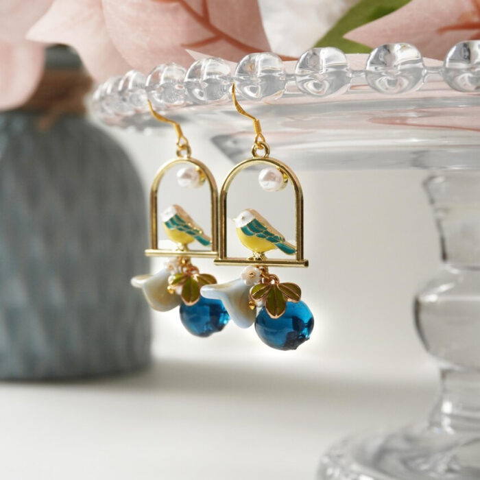 Resin Pearl Birdcage Bird & Berry Earrings: Sterling Silver Hook - Image 9