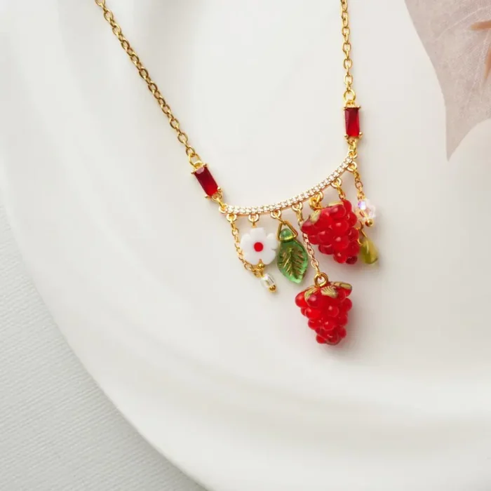 Handmade Czech Glass Raspberry Necklace: Cottagecore Fruit Charm Jewelry - Image 2