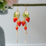Handmade Clay Strawberry Zircon Chain Earrings, Sterling Silver Hooks