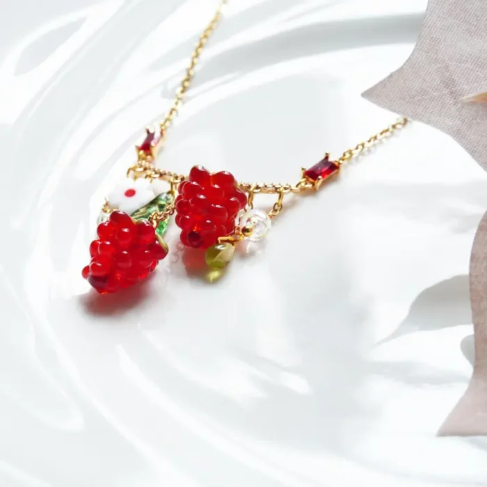 Handmade Czech Glass Raspberry Necklace: Cottagecore Fruit Charm Jewelry - Image 4