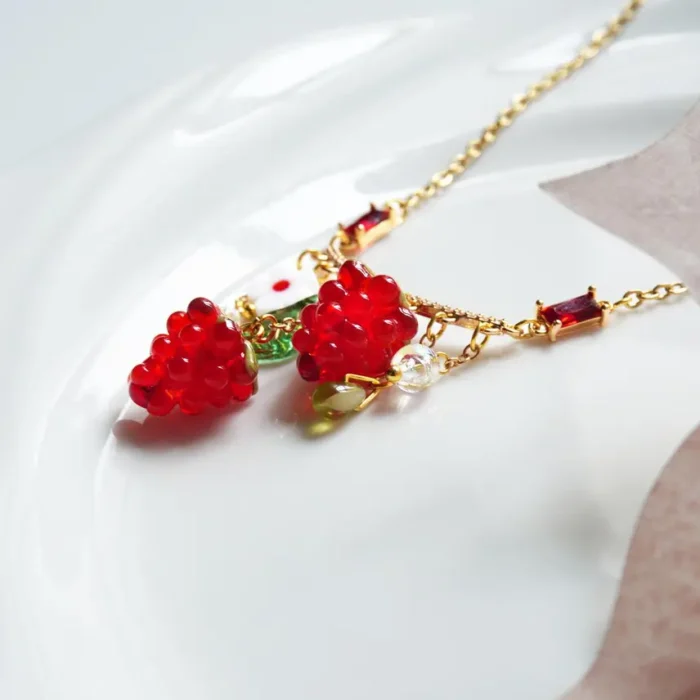 Handmade Czech Glass Raspberry Necklace: Cottagecore Fruit Charm Jewelry - Image 3