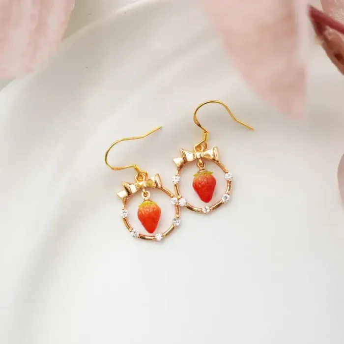 Handmade Clay Strawberry Hoop Earrings: Fruit Jewelry with Bow - Image 2