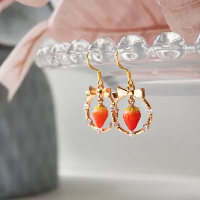 Handmade Clay Strawberry Hoop Earrings: Fruit Jewelry with Bow - Image 5