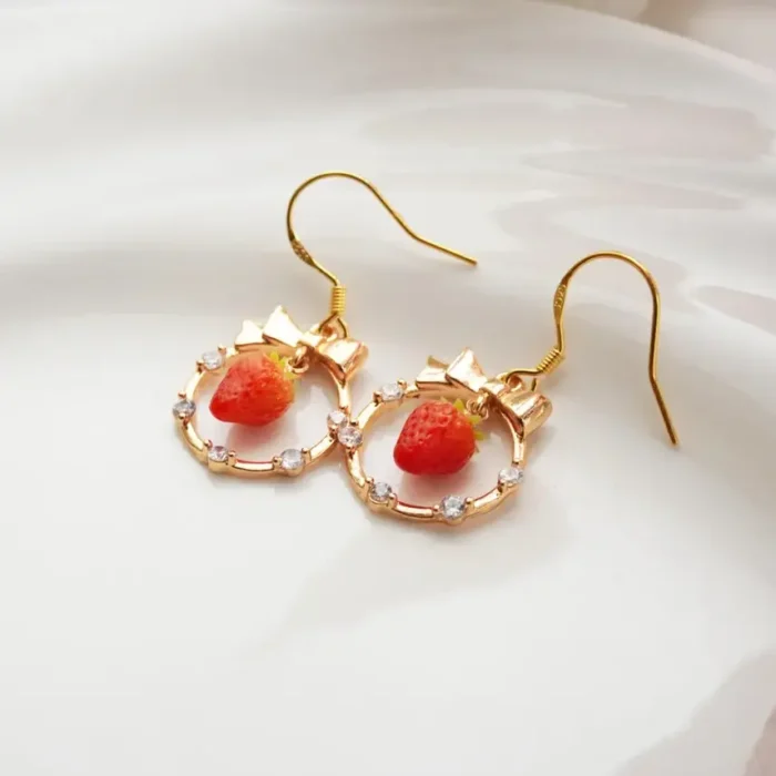 Handmade Clay Strawberry Hoop Earrings: Fruit Jewelry with Bow - Image 3