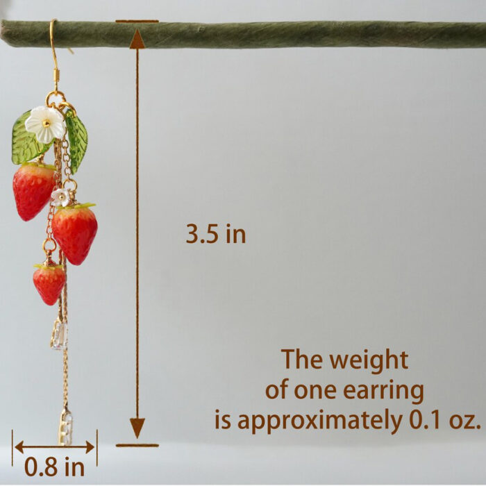 Handmade Clay Strawberry Zircon Chain Earrings, Sterling Silver Hooks - Image 5