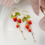 Handmade Clay Strawberry Zircon Chain Earrings, Sterling Silver Hooks - Image 2