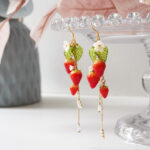 Handmade Clay Strawberry Zircon Chain Earrings, Sterling Silver Hooks - Image 6
