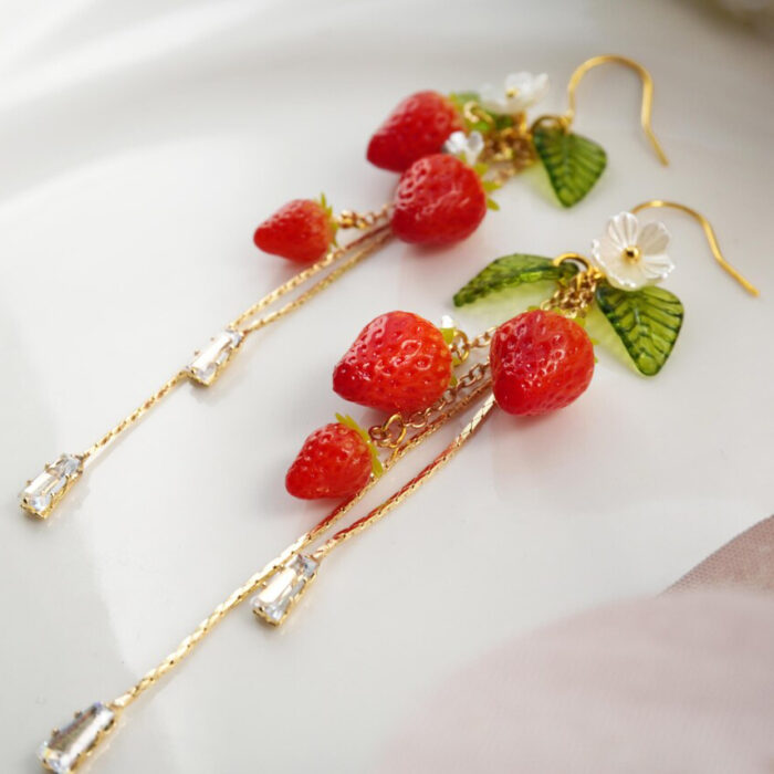 Handmade Clay Strawberry Zircon Chain Earrings, Sterling Silver Hooks - Image 4