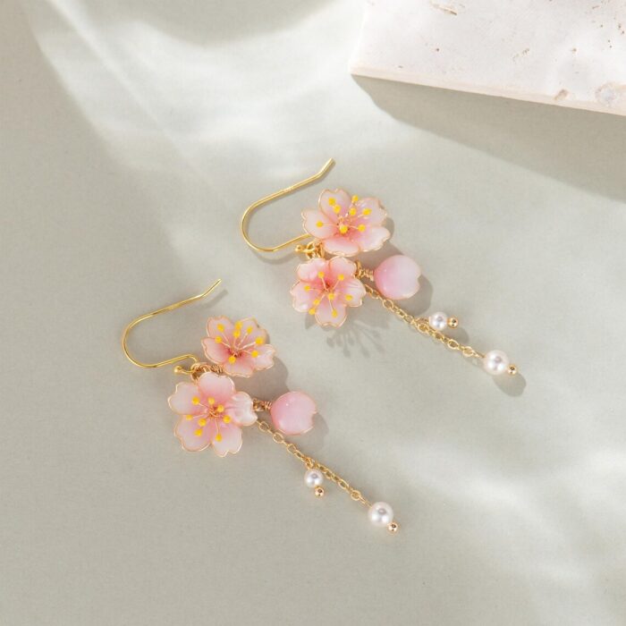 Handmade Resin Cherry Blossom Pearl Dangle Earrings - Image 2