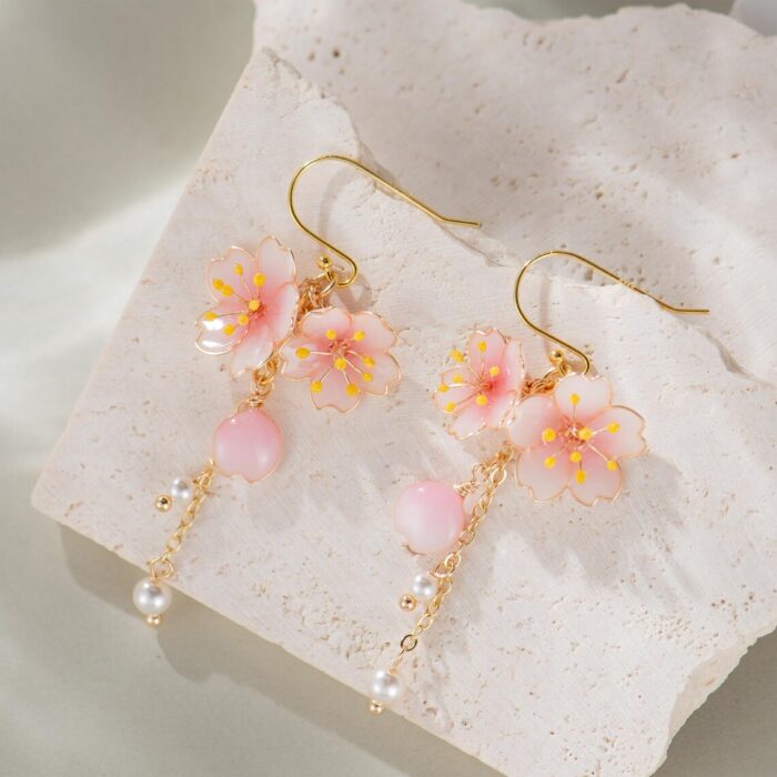 Handmade Resin Cherry Blossom Pearl Dangle Earrings - Image 4