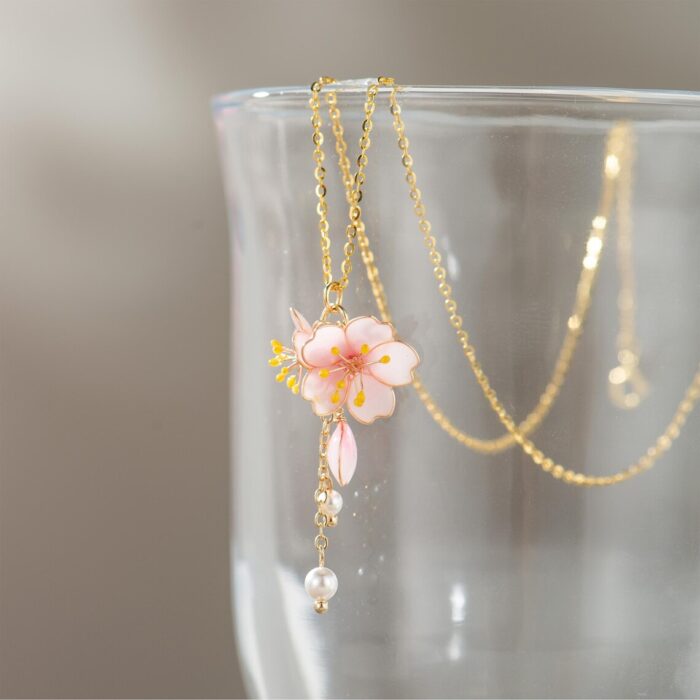 Handmade Resin Cherry Blossom Pearl Necklace - Image 4