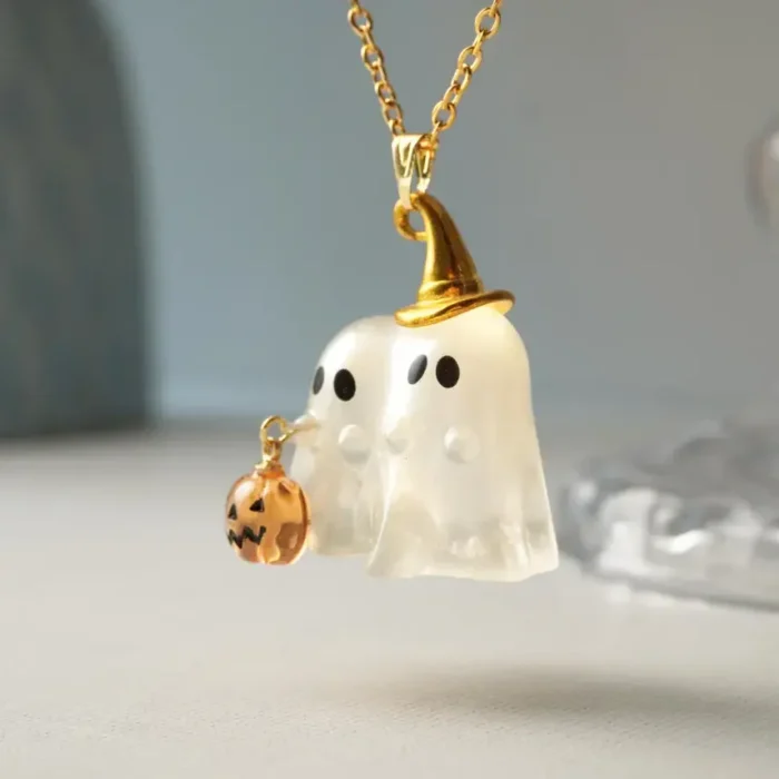Handmade Resin Ghost Pendant with Pumpkin Necklace - Image 2