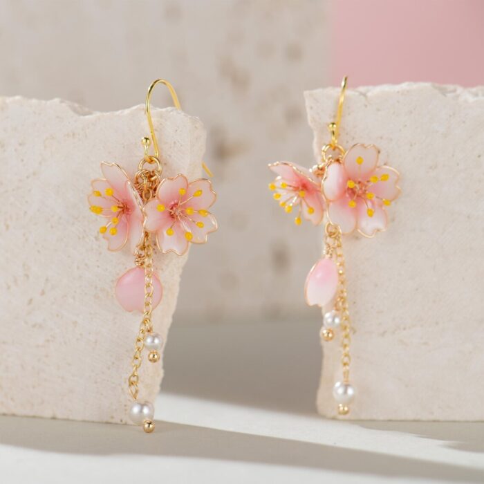 Handmade Resin Cherry Blossom Pearl Dangle Earrings - Image 5