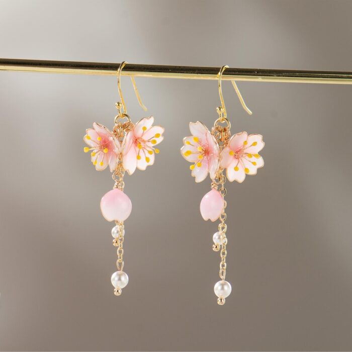 Handmade Resin Cherry Blossom Pearl Dangle Earrings - Image 6
