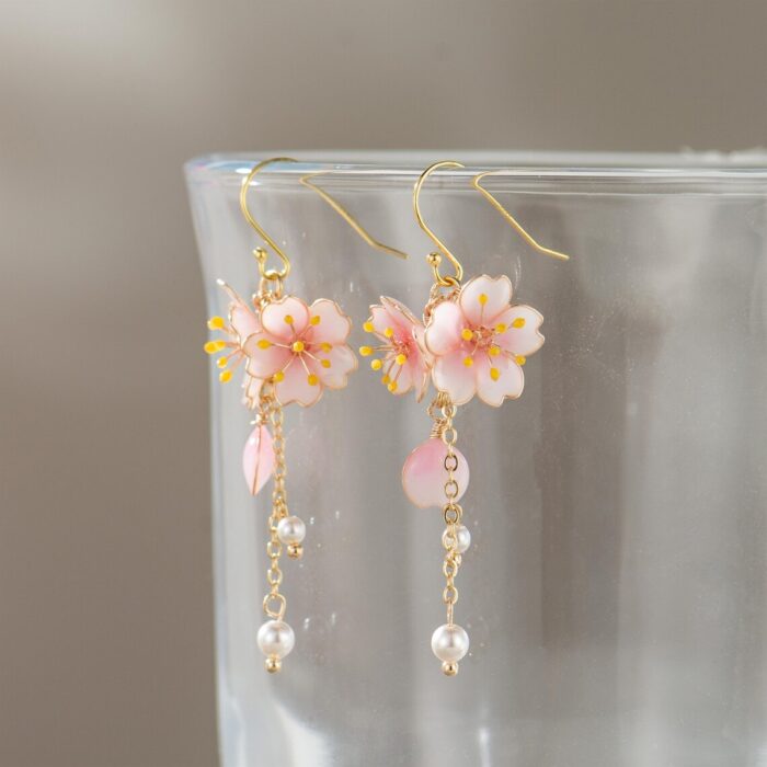 Handmade Resin Cherry Blossom Pearl Dangle Earrings - Image 7