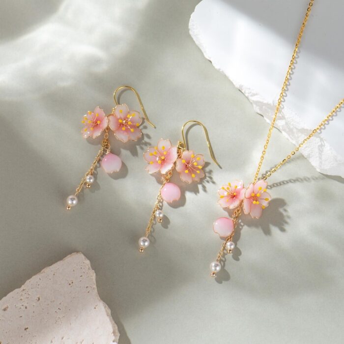 Handmade Resin Cherry Blossom Pearl Dangle Earrings - Image 8