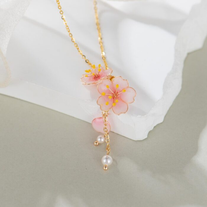 Handmade Resin Cherry Blossom Pearl Necklace - Image 6