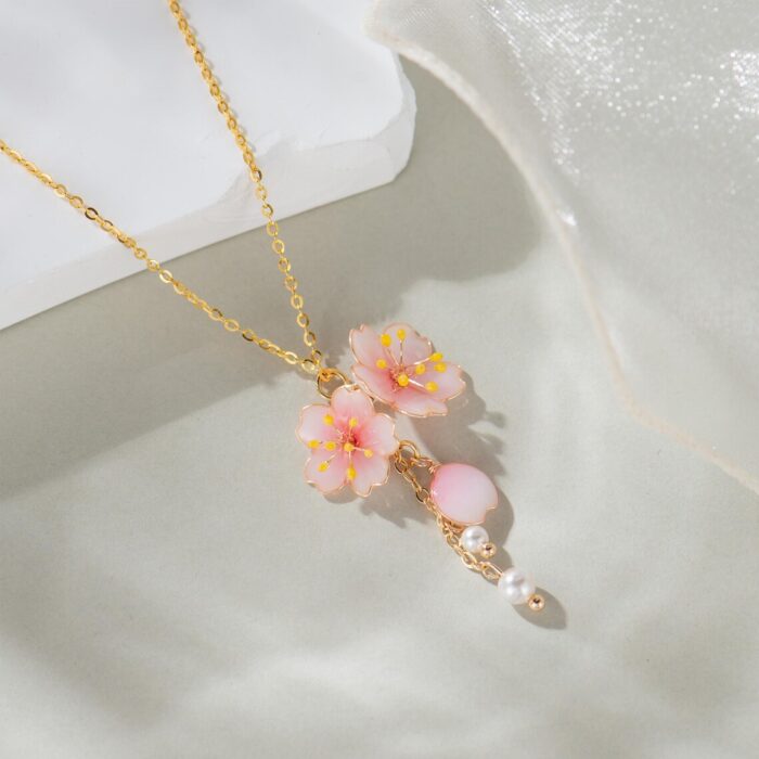 Handmade Resin Cherry Blossom Pearl Necklace - Image 2