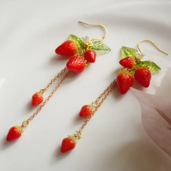 Handmade Polymer Clay Strawberry Dangle Earrings – Long Fruit Chain Earrings - Image 4