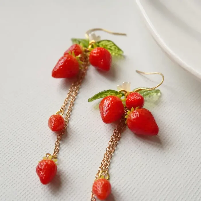 Handmade Polymer Clay Strawberry Dangle Earrings – Long Fruit Chain Earrings - Image 5