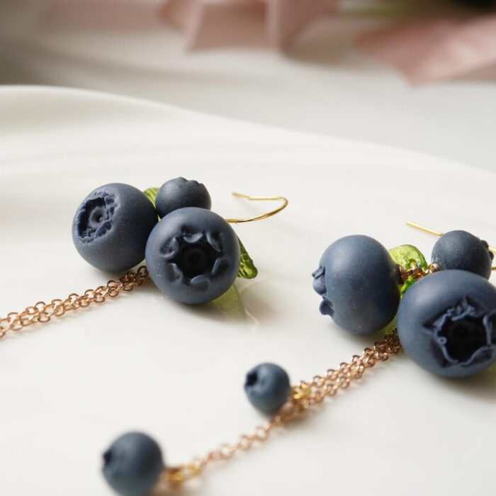 Handmade Polymer Clay Blueberry Dangle Earrings – Long Fruit Chain Earrings - Image 2