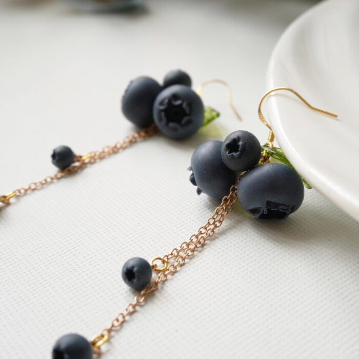 Handmade Polymer Clay Blueberry Dangle Earrings – Long Fruit Chain Earrings - Image 3