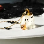 Handmade Resin Ghost Pendant with Pumpkin Necklace - Image 4