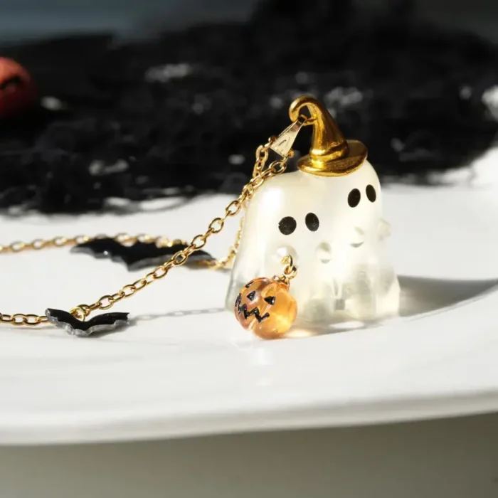 Handmade Resin Ghost Pendant with Pumpkin Necklace - Image 4