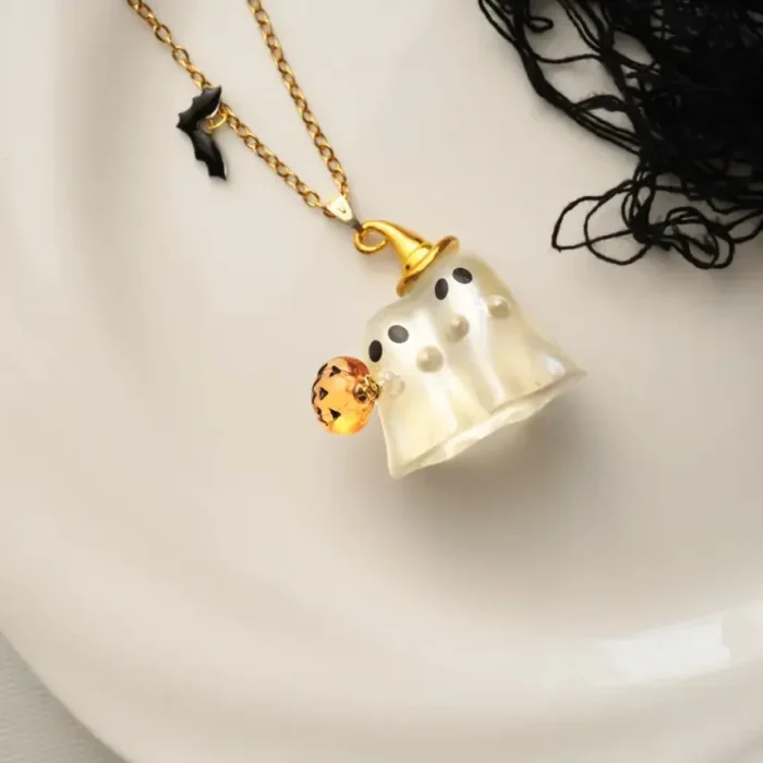 Handmade Resin Ghost Pendant with Pumpkin Necklace - Image 5