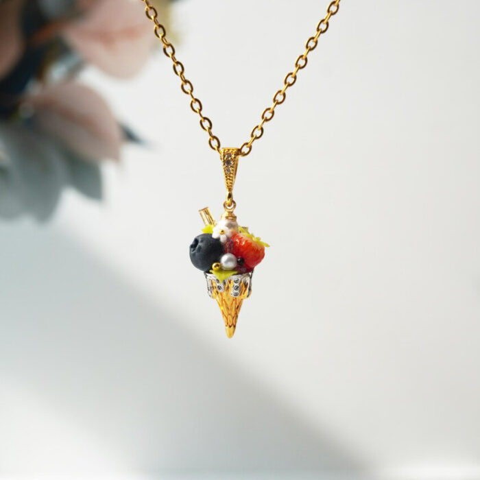 Handmade Polymer Clay Strawberry Blueberry Ice Cream Cone Necklace - Image 4