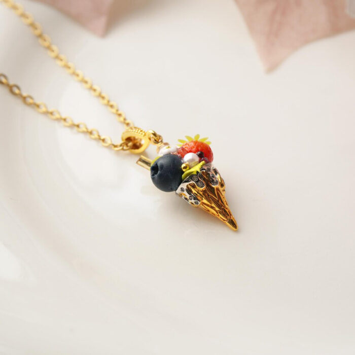 Handmade Polymer Clay Strawberry Blueberry Ice Cream Cone Necklace - Image 3