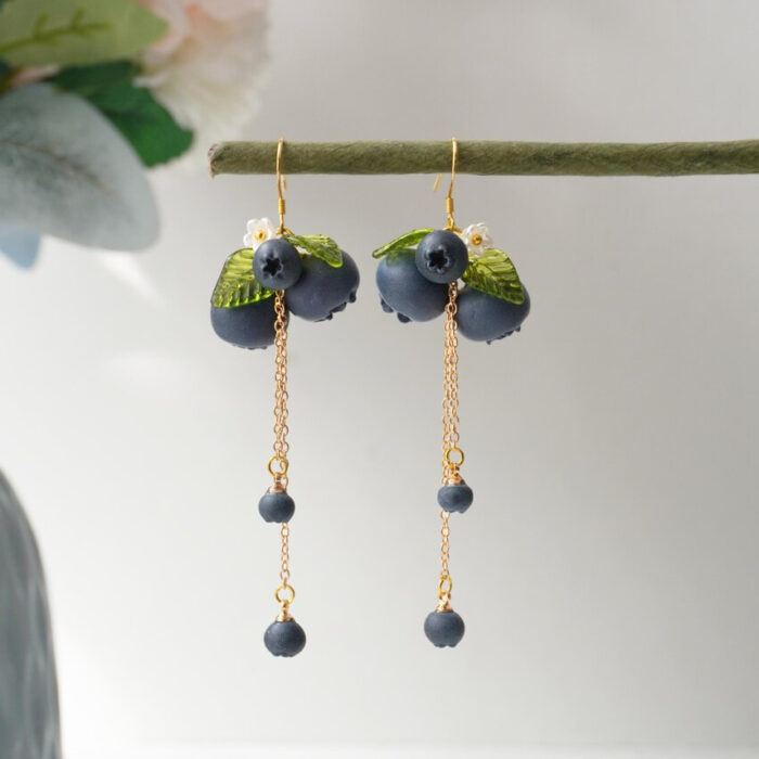 Handmade Polymer Clay Blueberry Dangle Earrings – Long Fruit Chain Earrings - Image 6