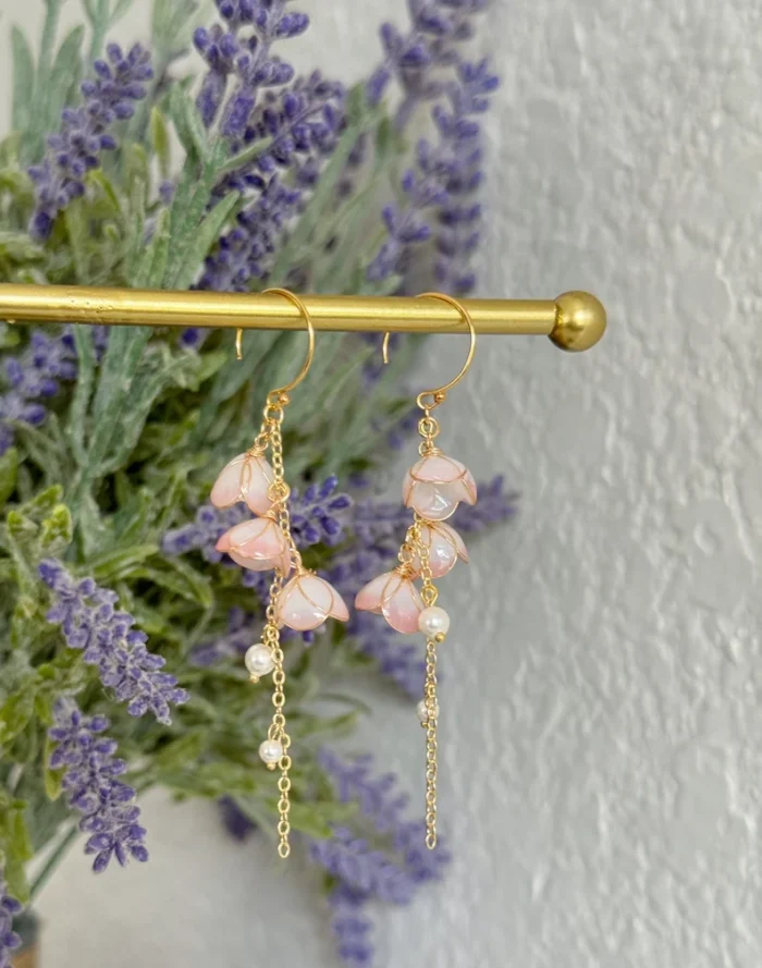 Handmade Resin Lily of the Valley Pearl Drop Earrings - Image 4