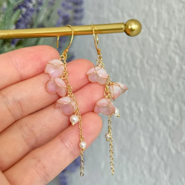 Handmade Resin Lily of the Valley Pearl Drop Earrings - Image 5