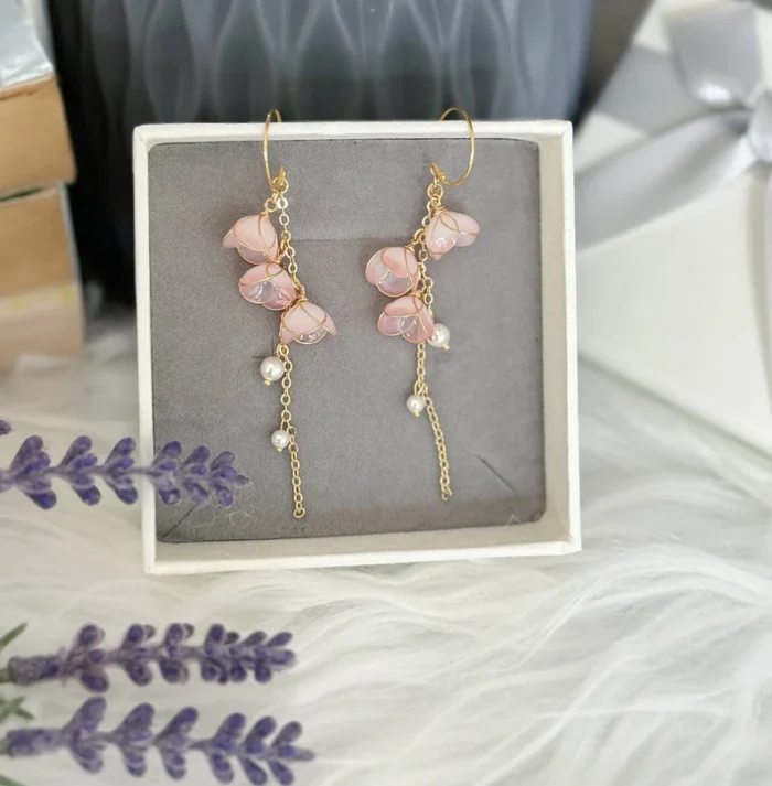 Handmade Resin Lily of the Valley Pearl Drop Earrings - Image 6