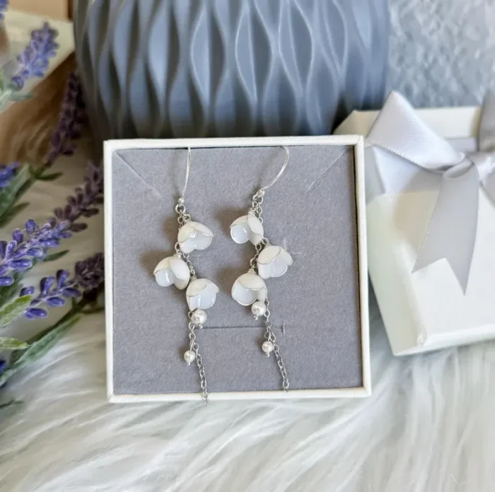 Handmade Resin Lily of the Valley Pearl Drop Earrings - Image 8