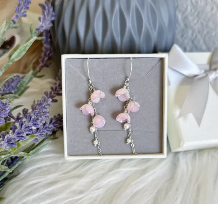 Handmade Resin Lily of the Valley Pearl Drop Earrings - Image 9