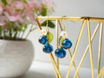 Blueberry resin dangle earrings handmade with gold hook ear wires and green leaf charm