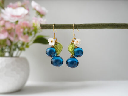 Handmade blueberry resin dangle earrings with gold ear wires, white flower and green leaf charms